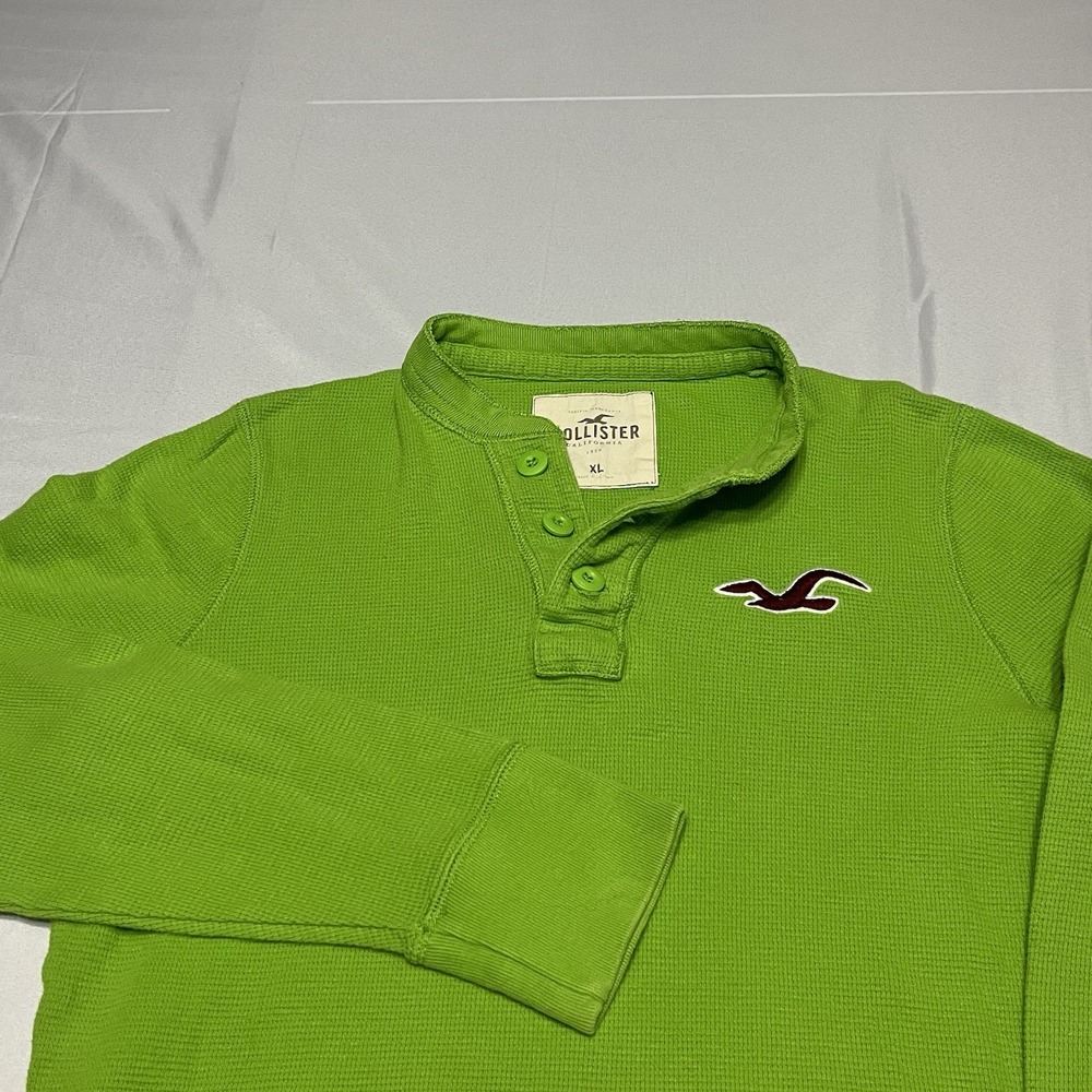 Y2K Hollister Henley Shirt Men's XL Lime Green Slim Fit Thermal Embroidered Logo